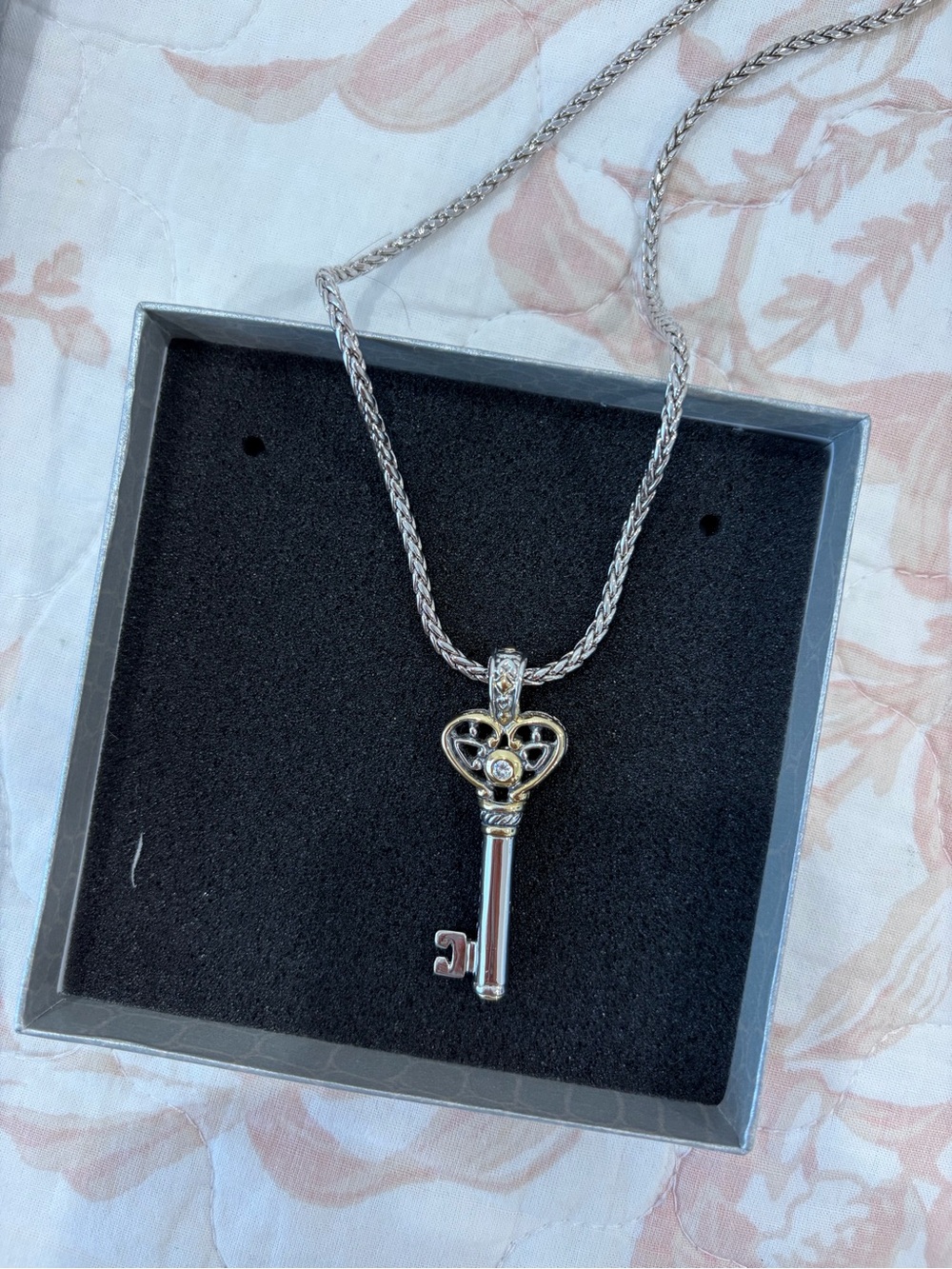 Silver Key Pendant Necklace with Gold Accents - Women Jewelry